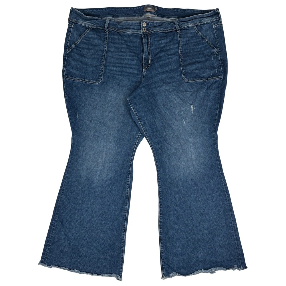 Torrid Mid-Rise Flare Jeans 30R Vintage Stretch Raw Hem Distressed Medium Wash